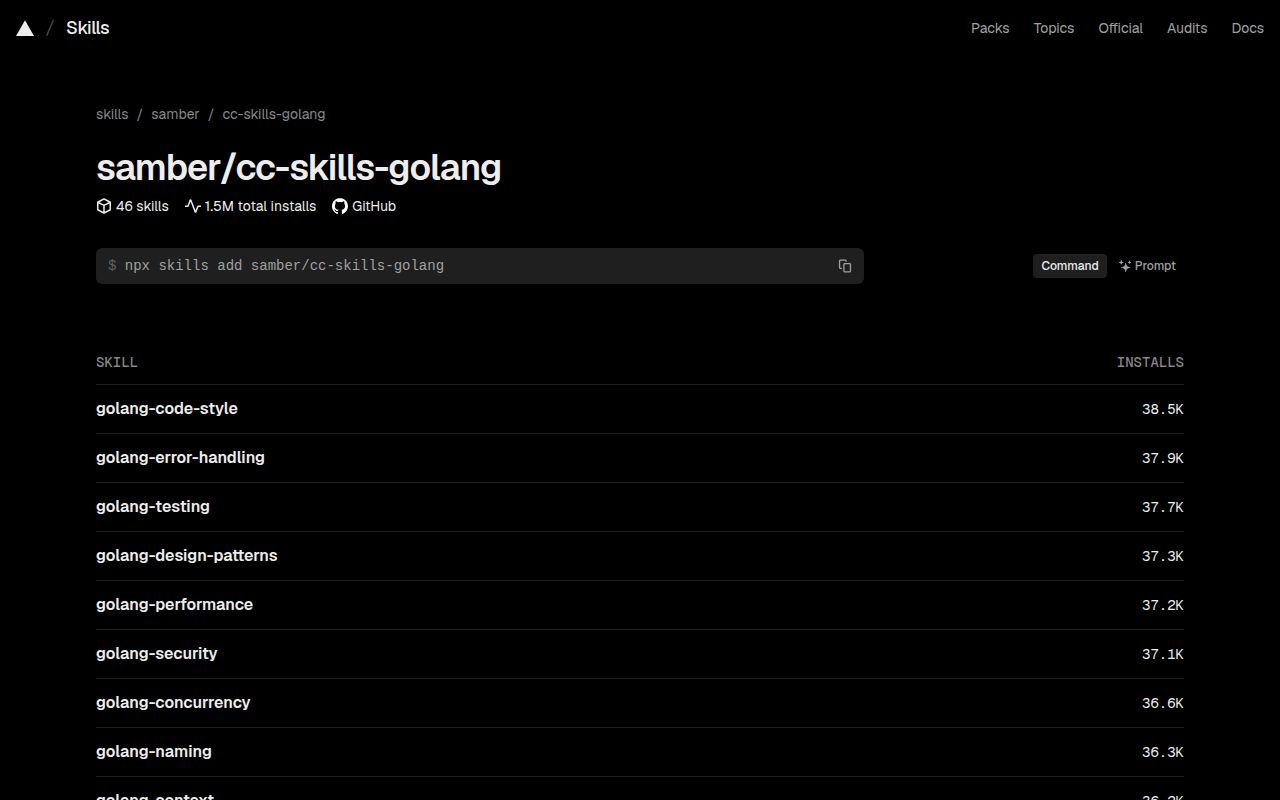 Screenshot of cc-skills-golang (skills.sh/samber/cc-skills-golang)