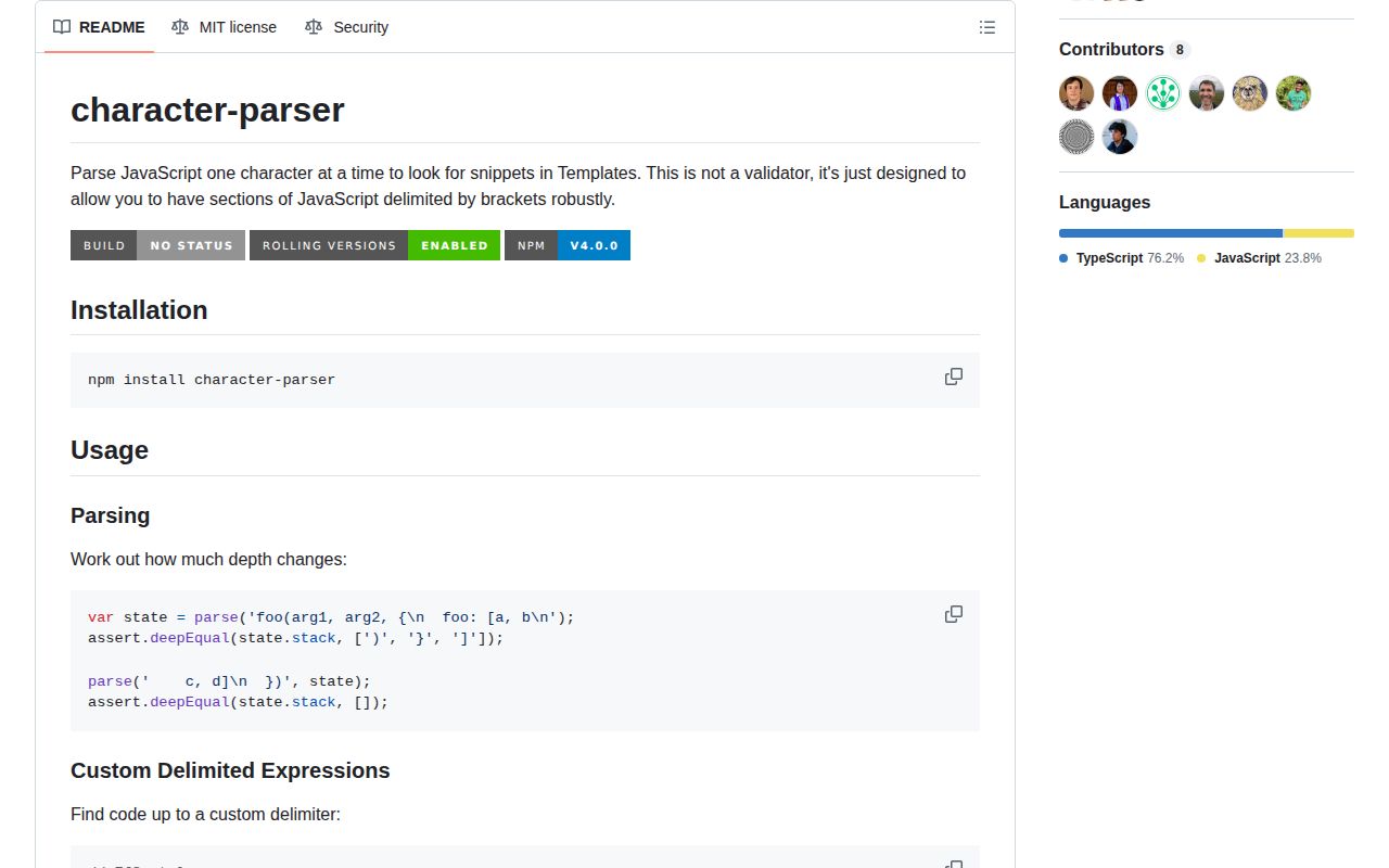 Screenshot of character-parser documentation