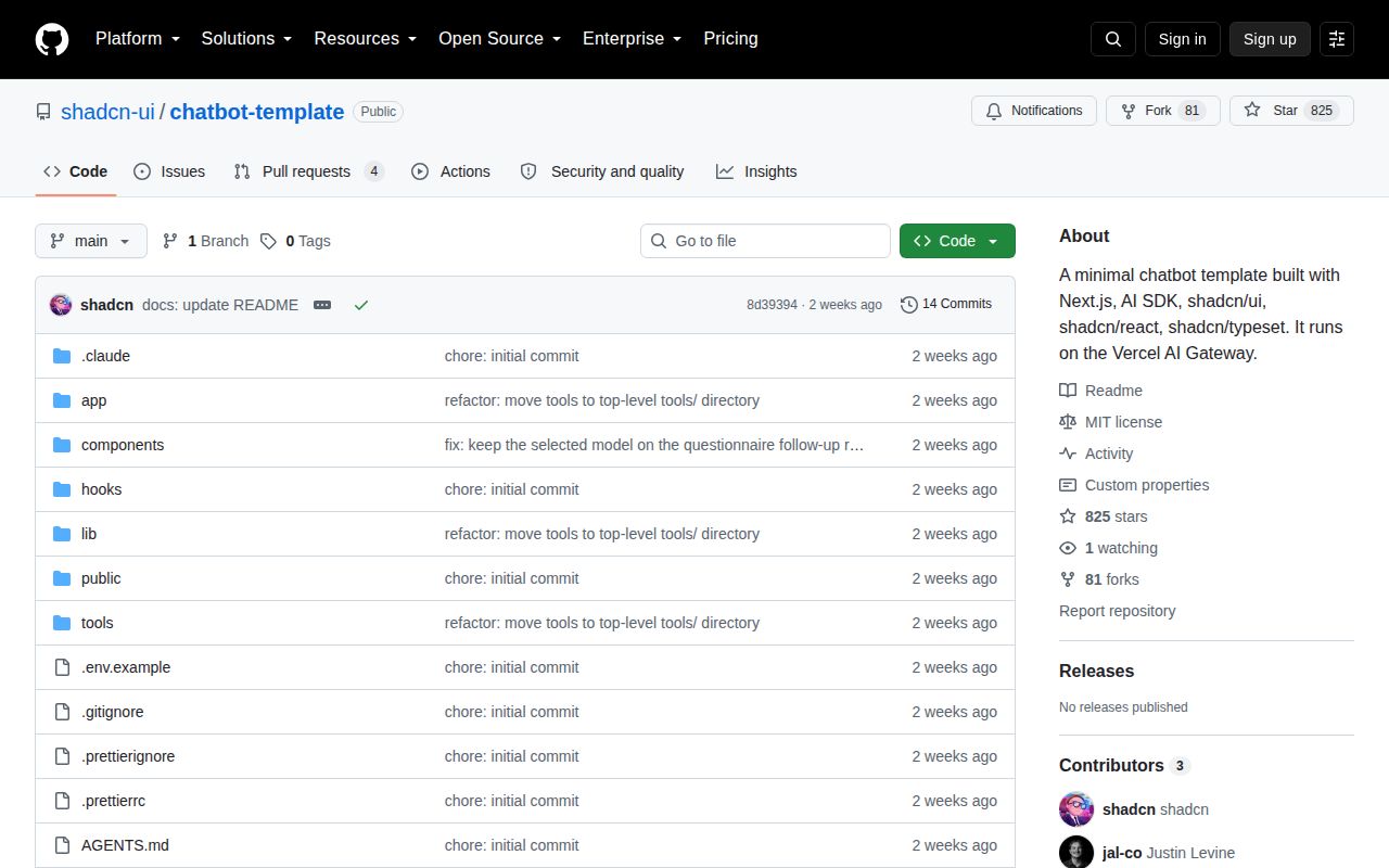 Screenshot of chatbot-template (github.com/shadcn-ui/chatbot-template)