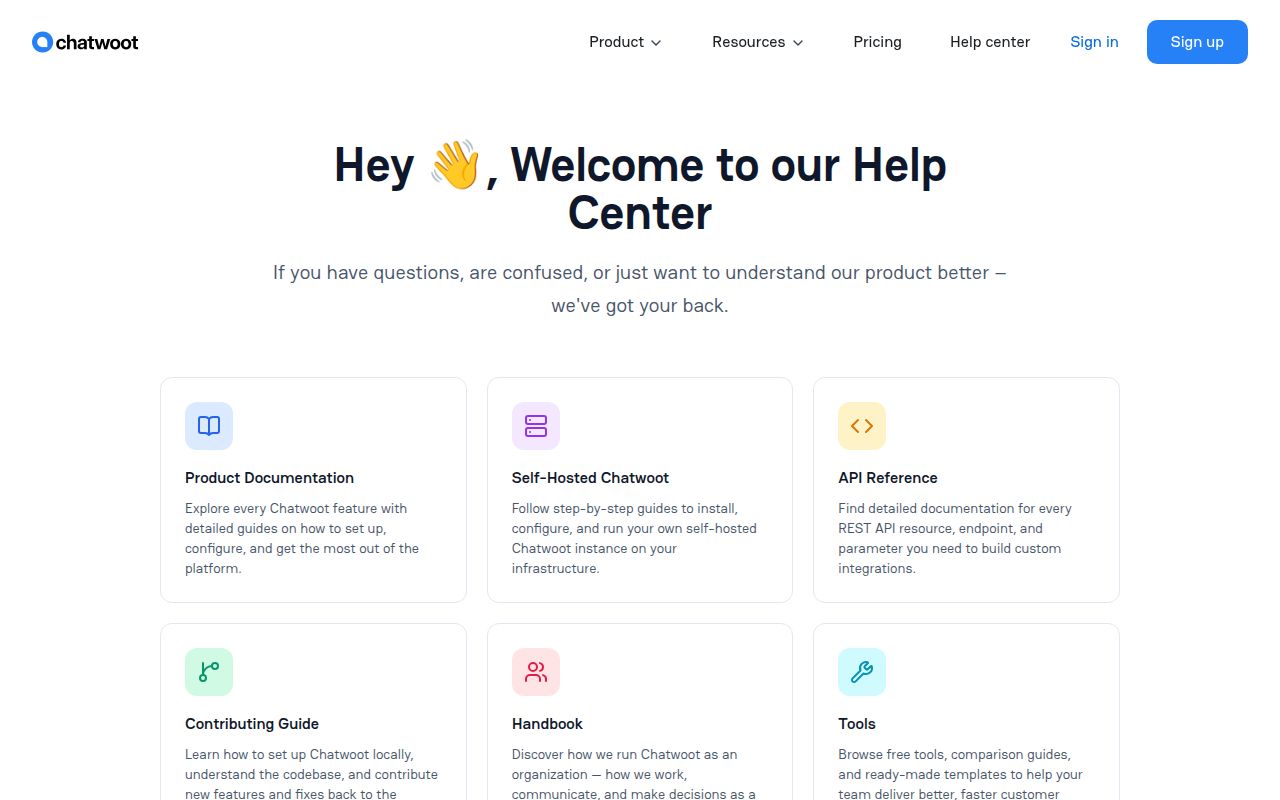 Screenshot of chatwoot (www.chatwoot.com/help-center)