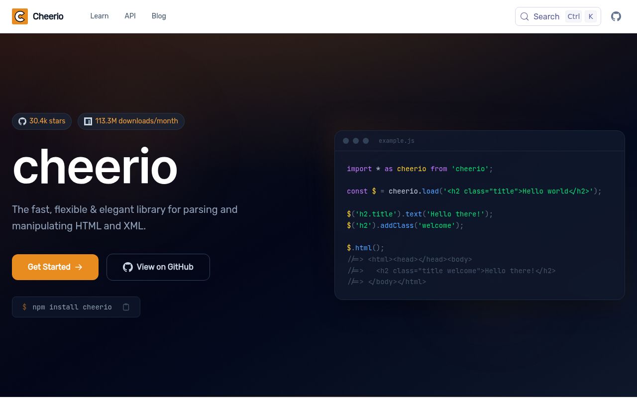 Screenshot of cheerio documentation