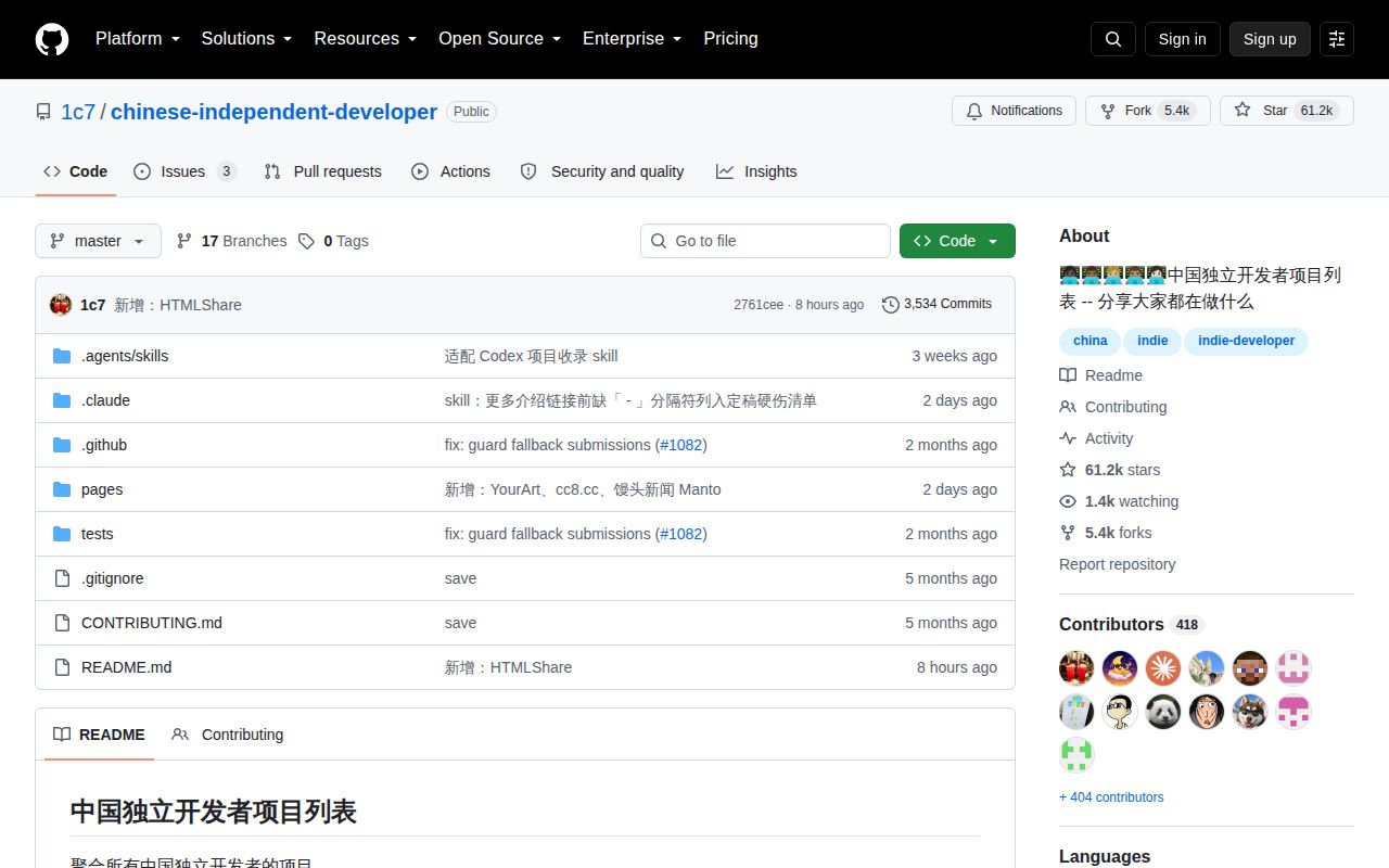 Screenshot of chinese-independent-developer (github.com/1c7/chinese-independent-developer)
