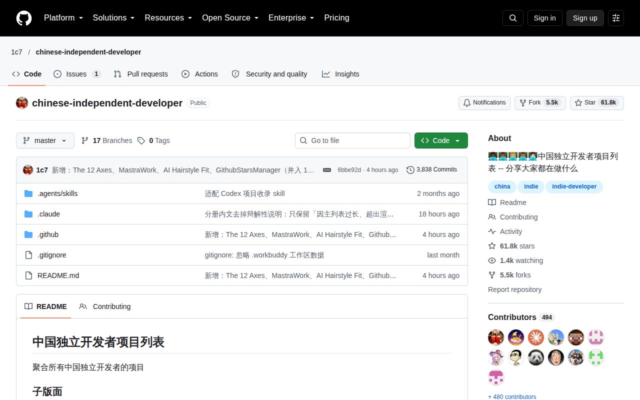 Screenshot of chinese-independent-developer (github.com/1c7/chinese-independent-developer)