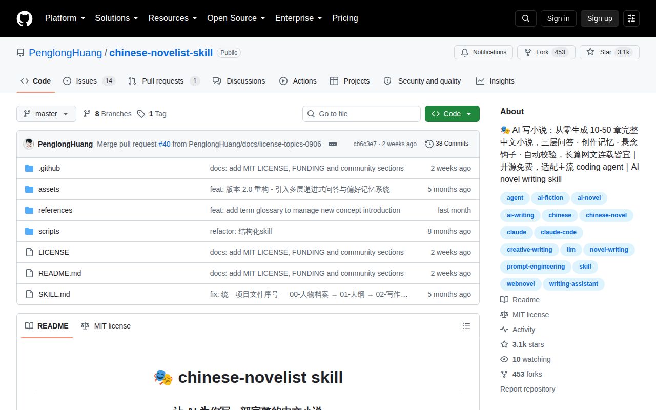 Screenshot of chinese-novelist-skill (github.com/PenglongHuang/chinese-novelist-skill)