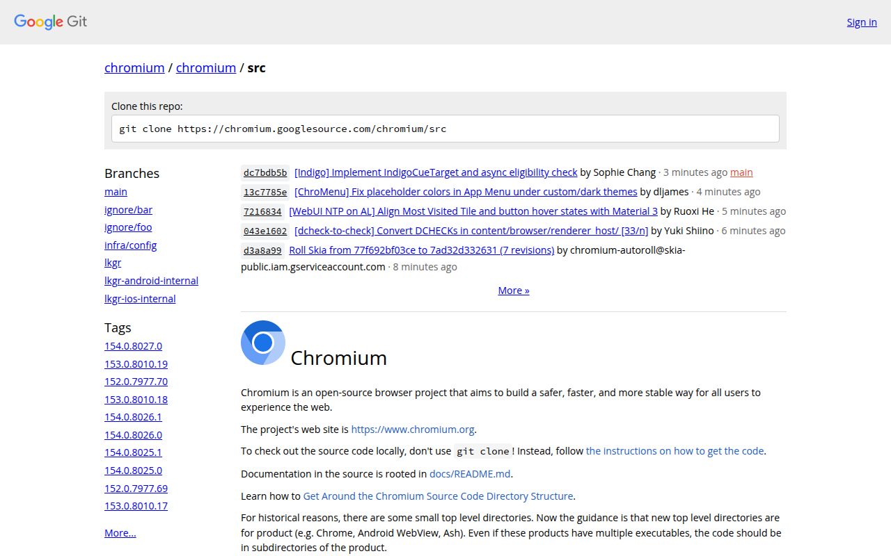 Screenshot of chromium (chromium.googlesource.com/chromium/src)