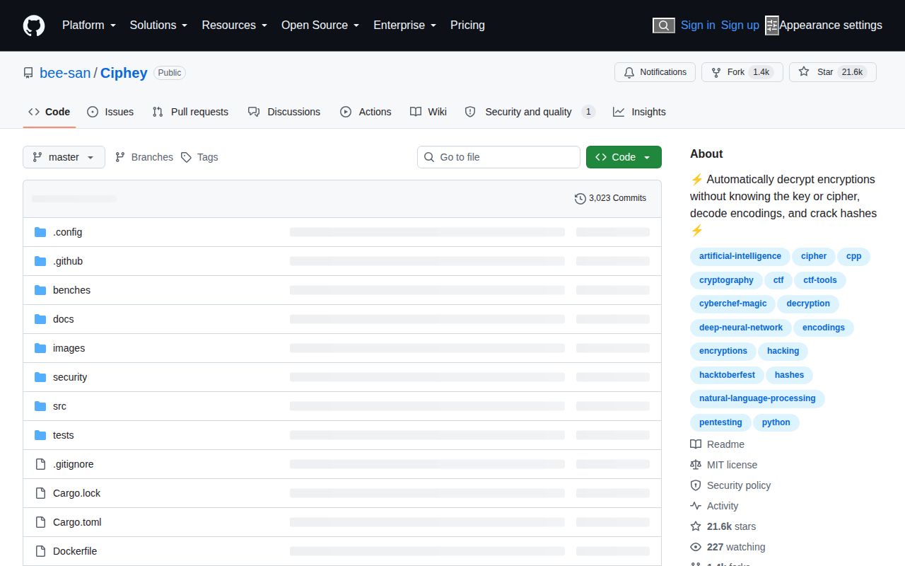 Screenshot of Ciphey (github.com/bee-san/Ciphey)