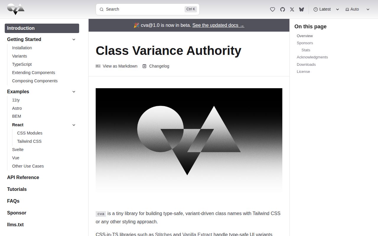 Screenshot of class-variance-authority documentation