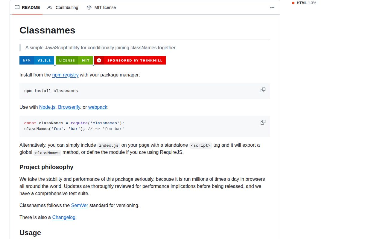 Screenshot of classnames documentation