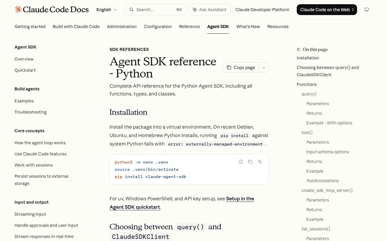 Screenshot of claude-agent-sdk documentation