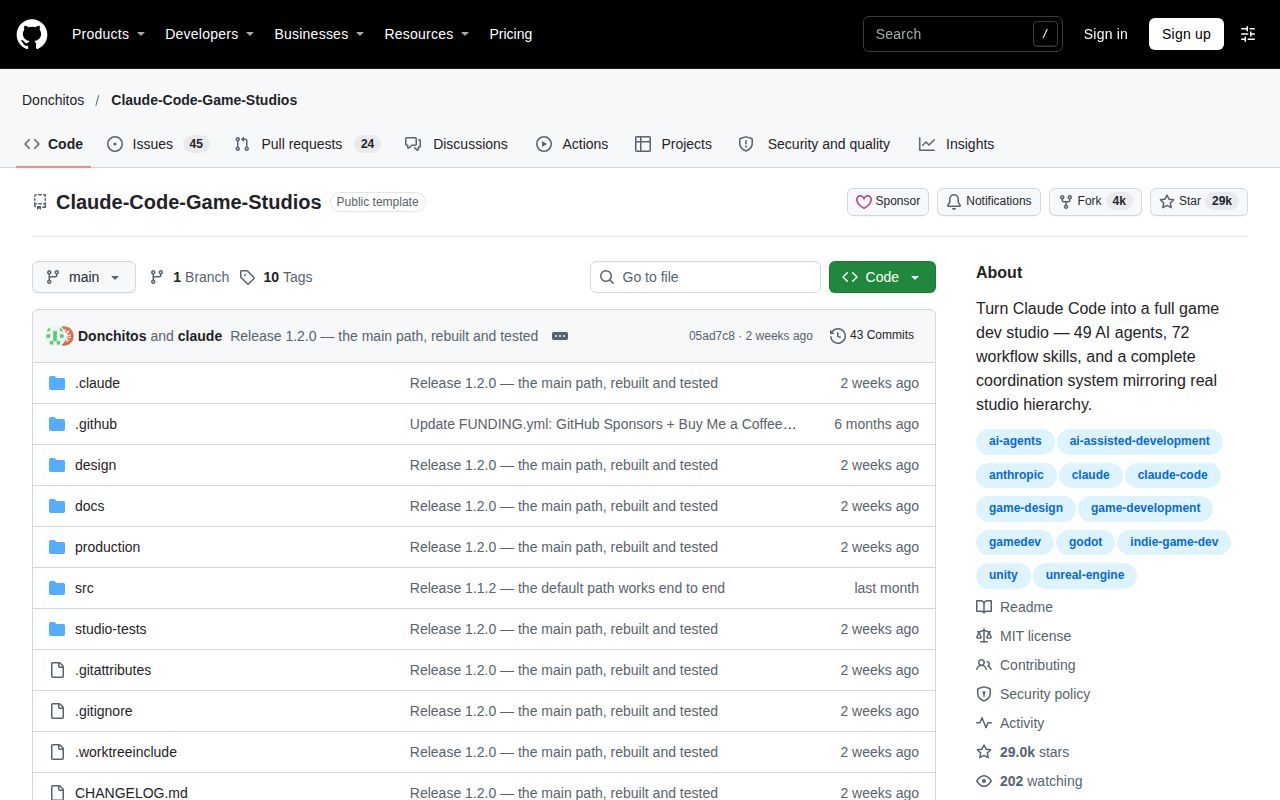Screenshot of Claude-Code-Game-Studios (github.com/Donchitos/Claude-Code-Game-Studios)