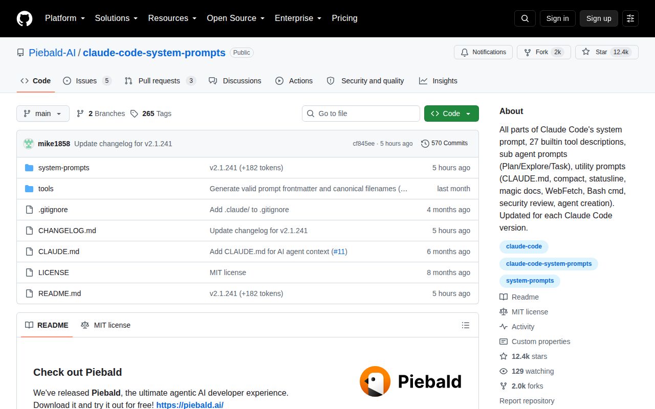 Screenshot of claude-code-system-prompts (github.com/Piebald-AI/claude-code-system-prompts)