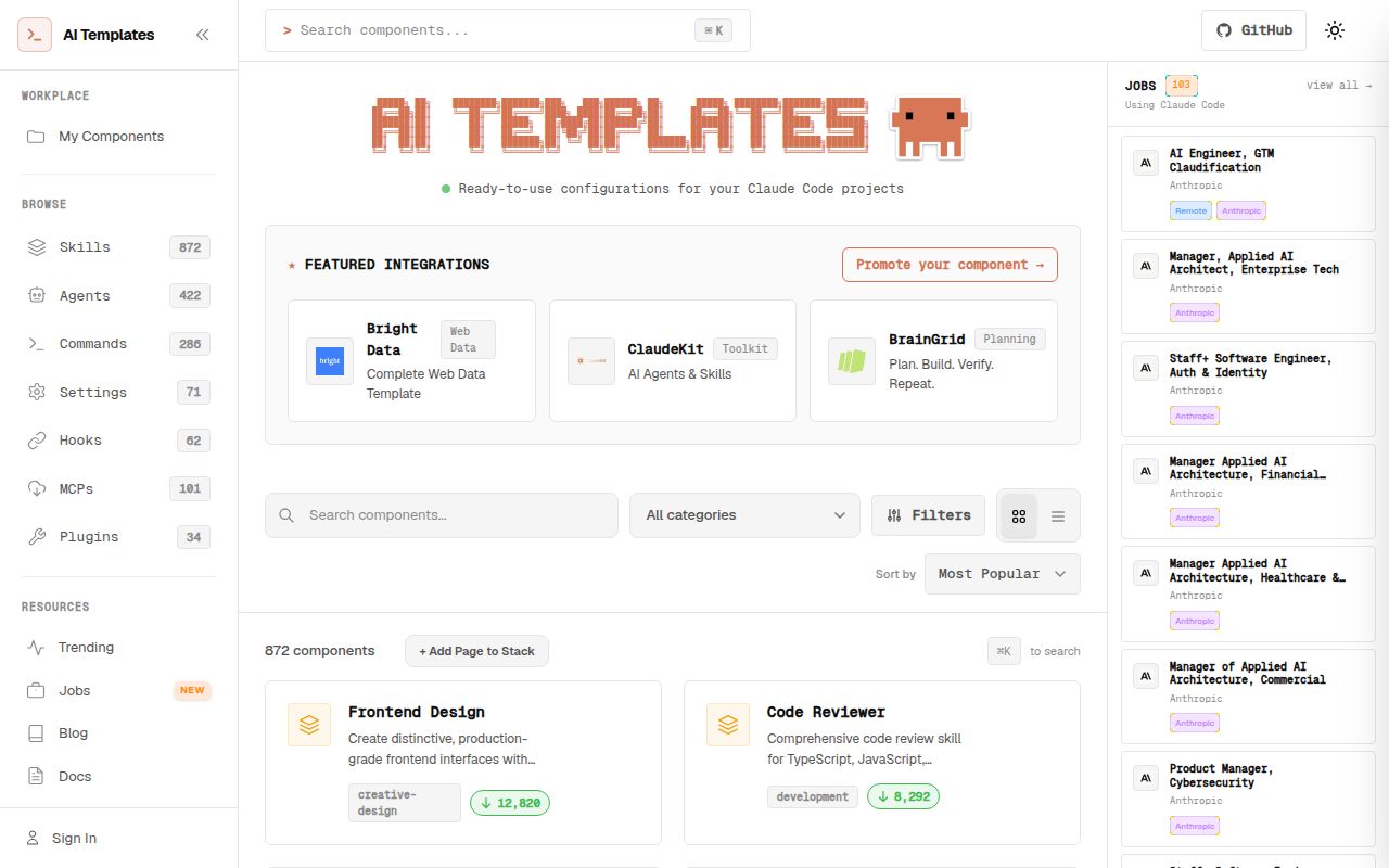 Screenshot of claude-code-templates (aitmpl.com)