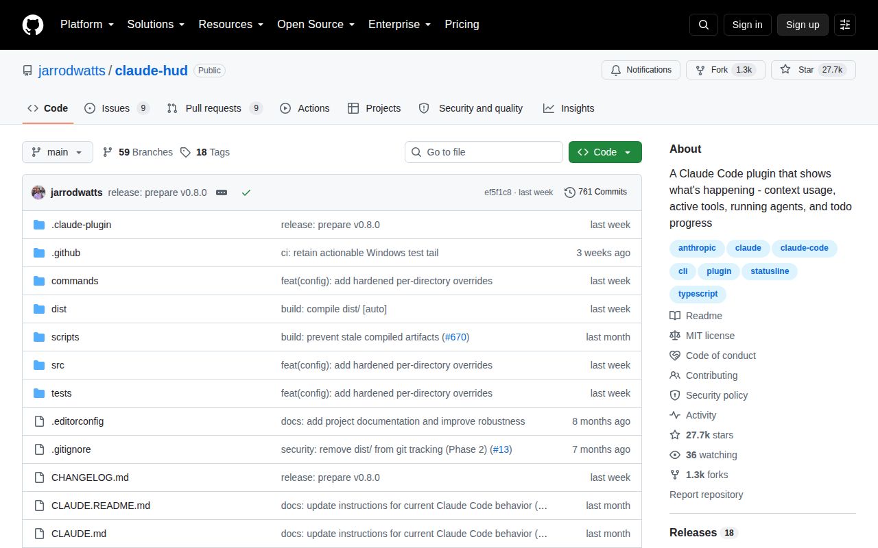 Screenshot of claude-hud (github.com/jarrodwatts/claude-hud)