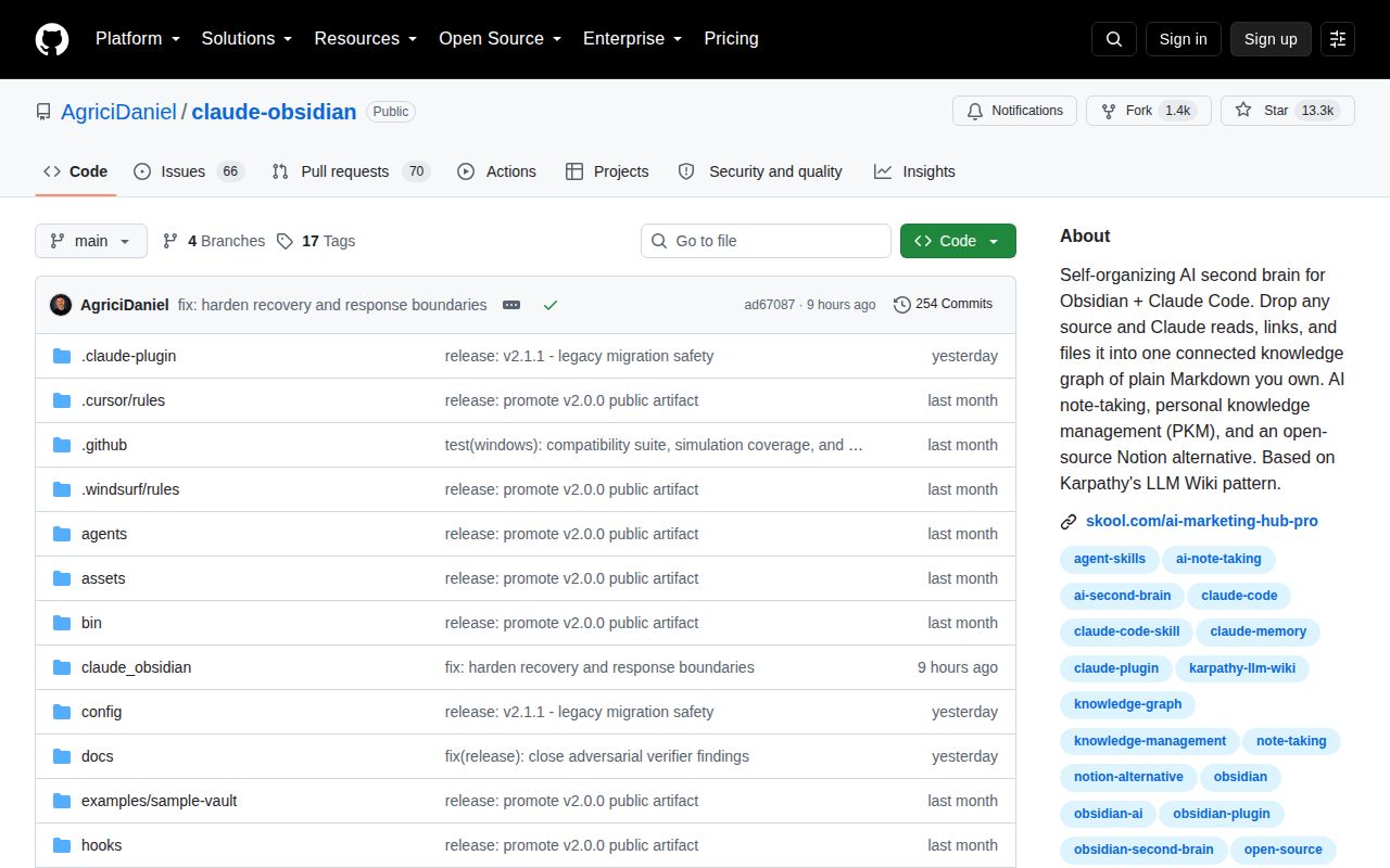 Screenshot of claude-obsidian (github.com/AgriciDaniel/claude-obsidian)