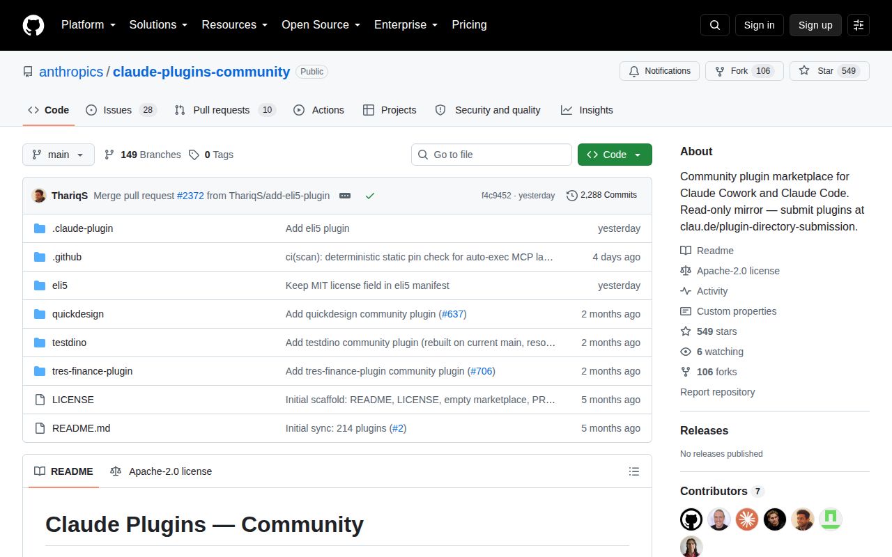 Screenshot of claude-plugins-community (github.com/anthropics/claude-plugins-community)