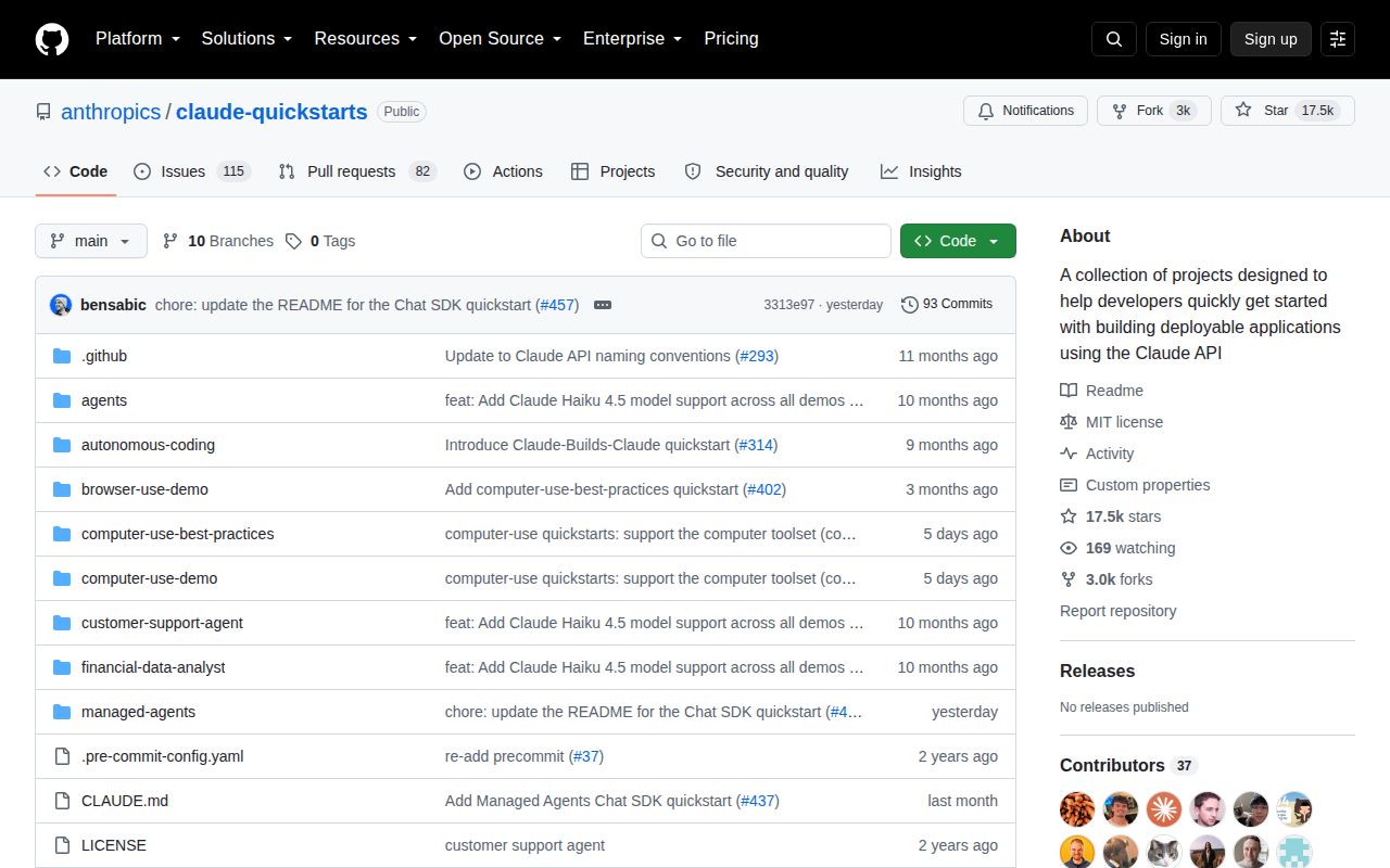 Screenshot of claude-quickstarts (github.com/anthropics/claude-quickstarts)