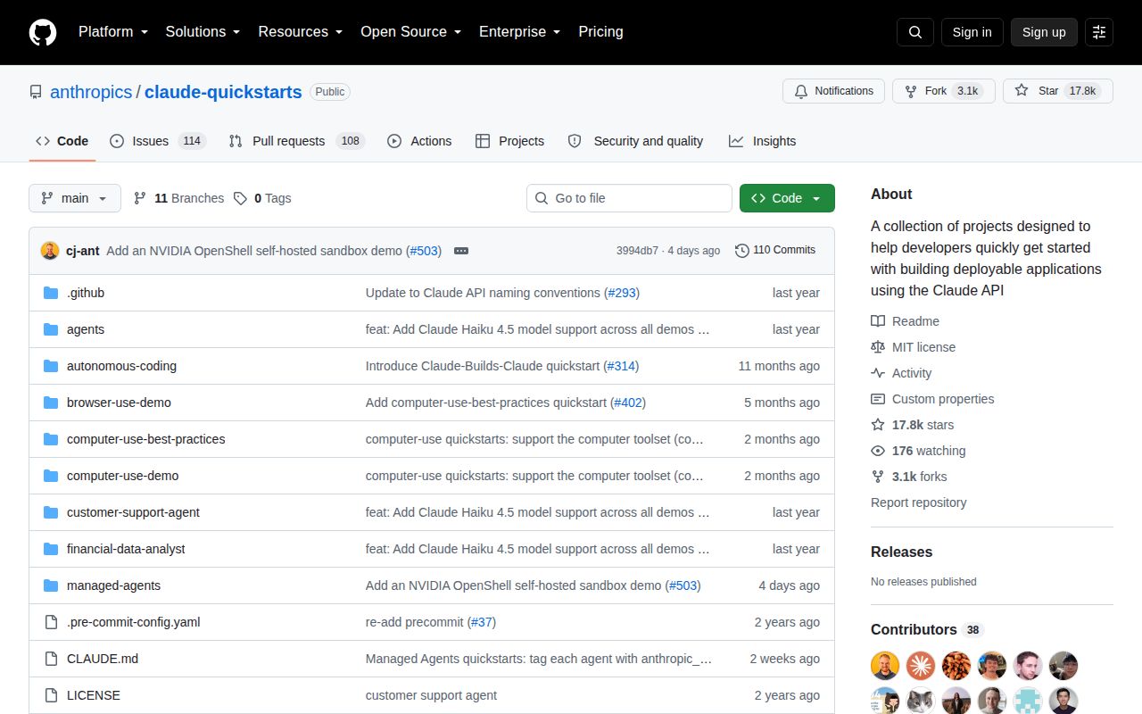 Screenshot of claude-quickstarts (github.com/anthropics/claude-quickstarts)