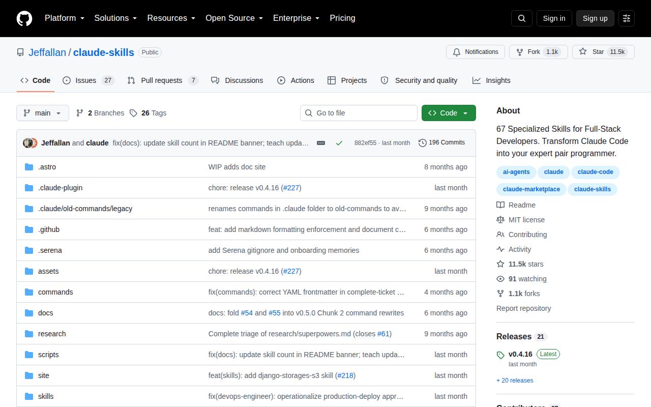 Screenshot of claude-skills (github.com/Jeffallan/claude-skills)