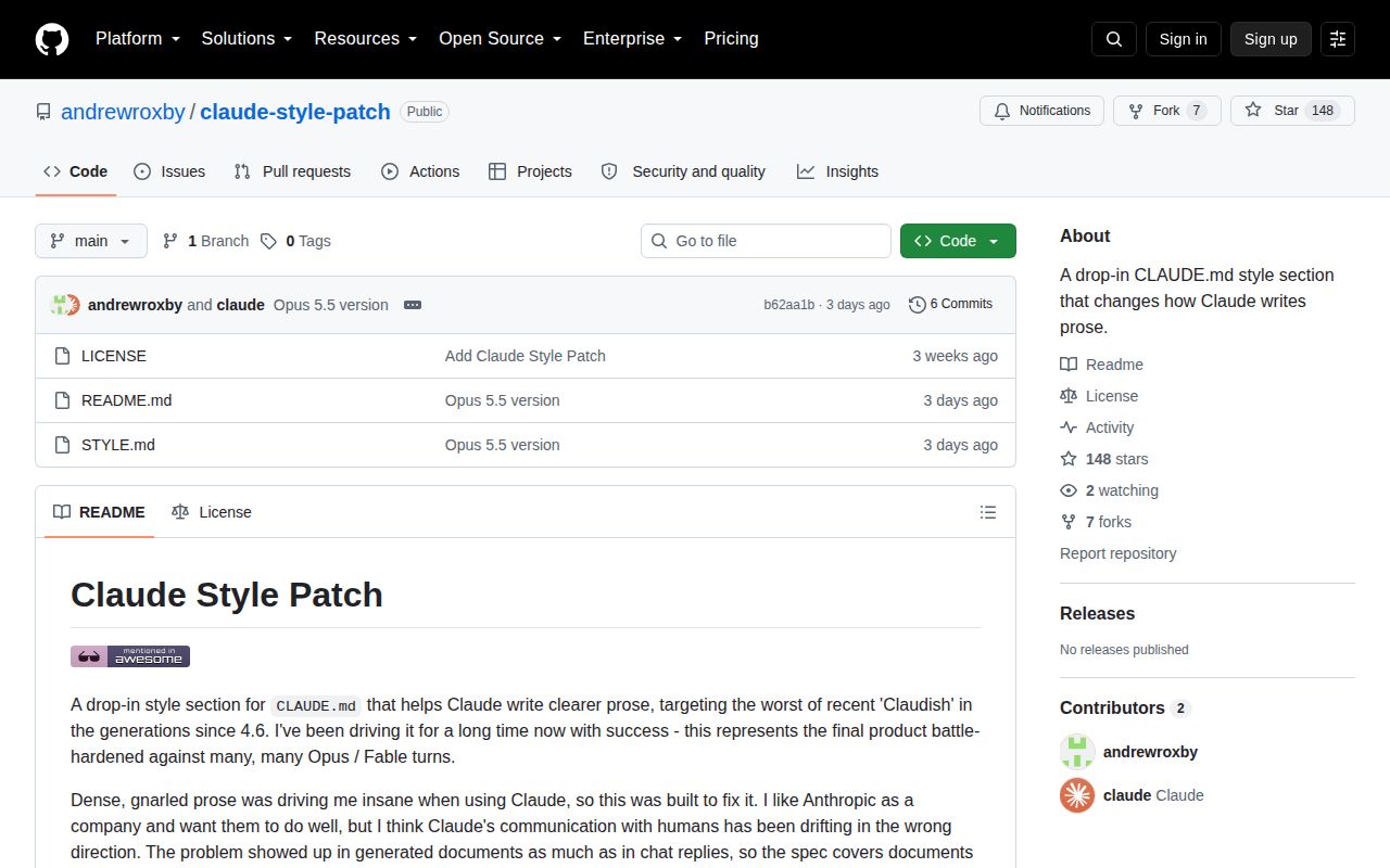 Screenshot of claude-style-patch (github.com/andrewroxby/claude-style-patch)