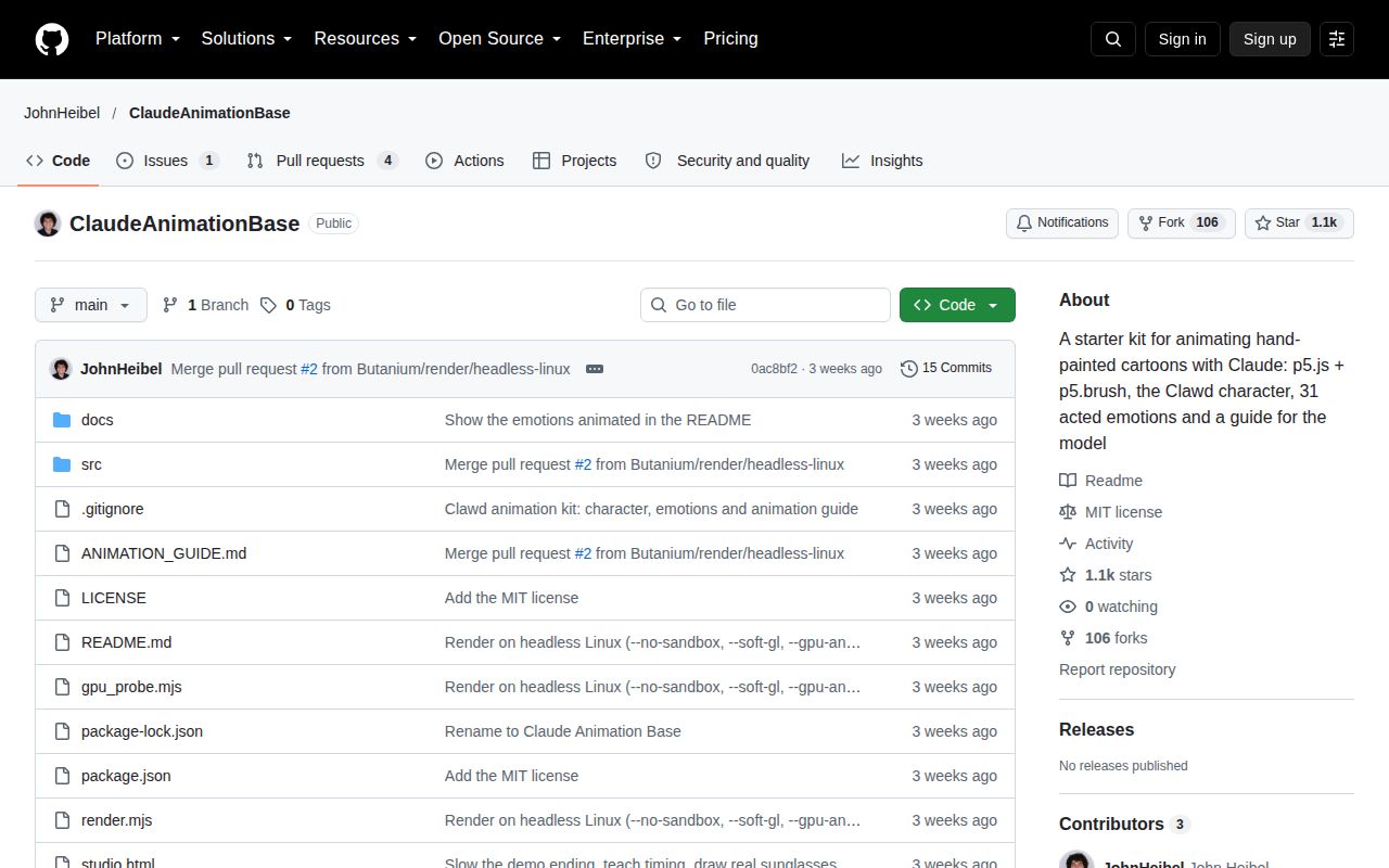 Screenshot of ClaudeAnimationBase (github.com/JohnHeibel/ClaudeAnimationBase)