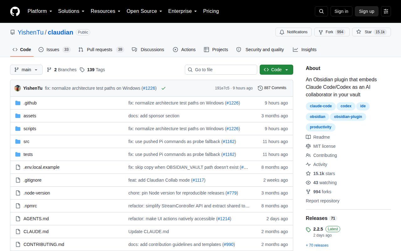 Screenshot of claudian (github.com/YishenTu/claudian)