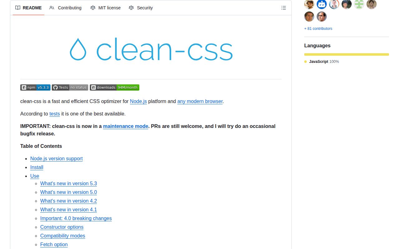Screenshot of clean-css documentation