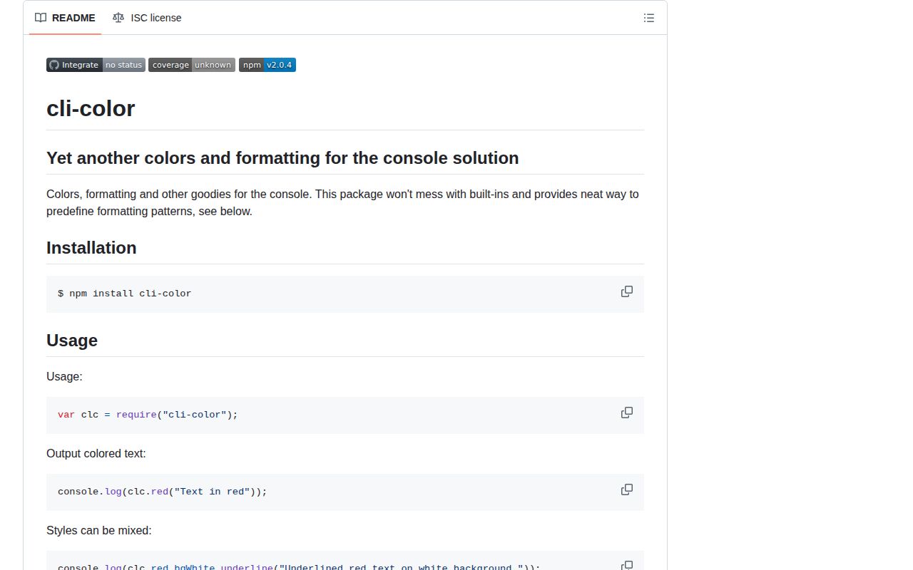 Screenshot of cli-color documentation