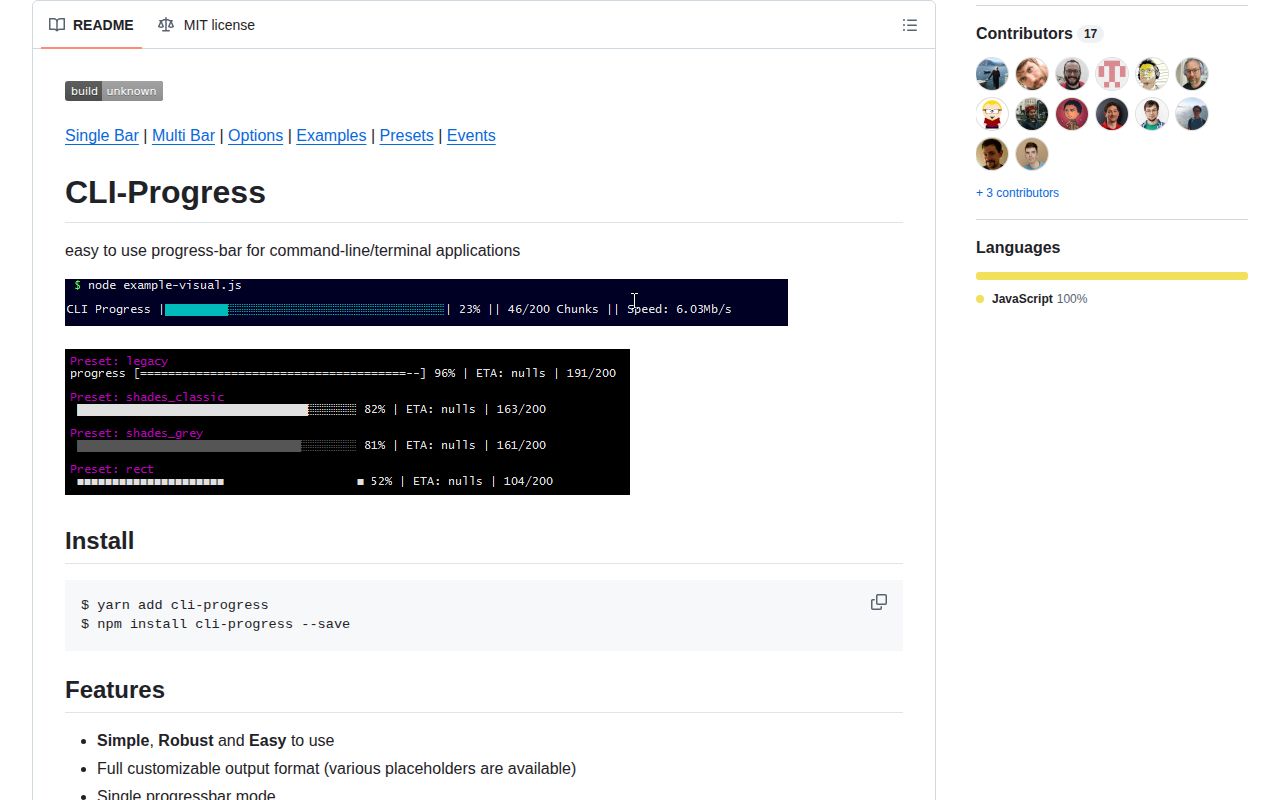 Screenshot of cli-progress documentation