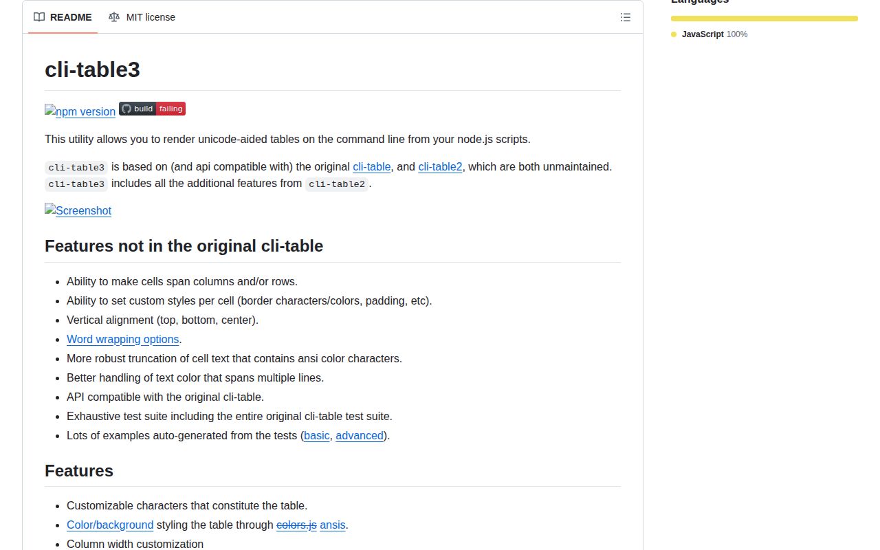 Screenshot of cli-table3 documentation