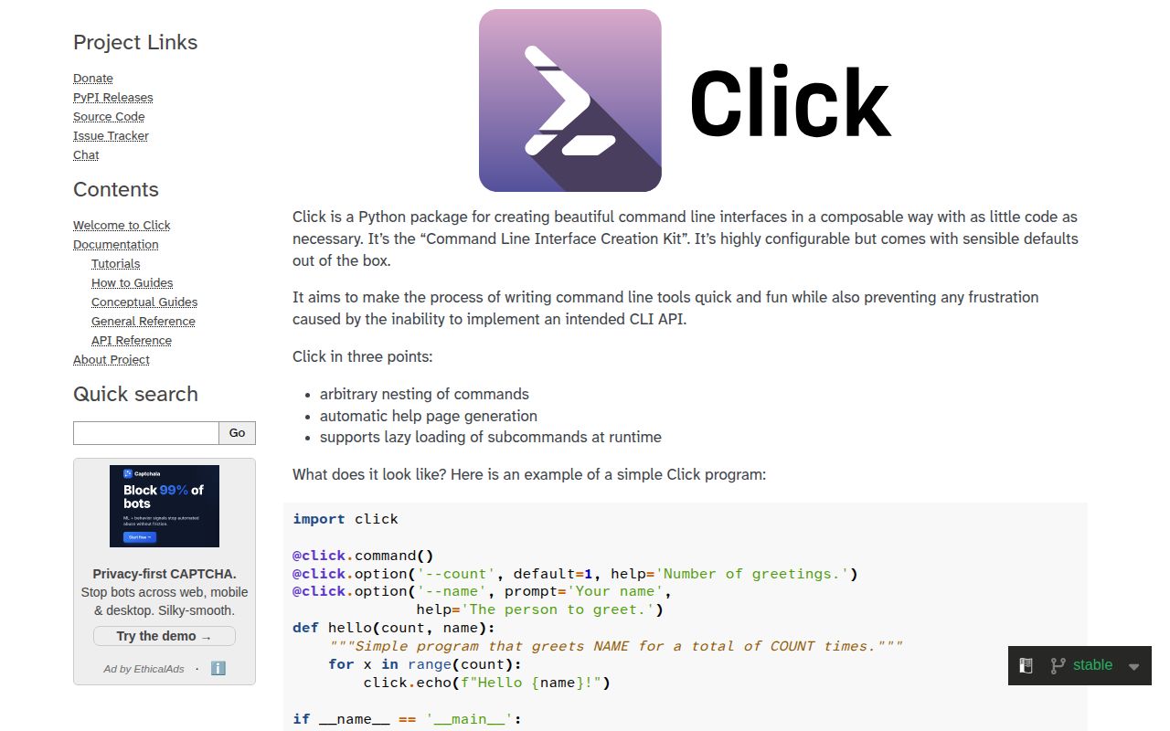 Screenshot of click documentation
