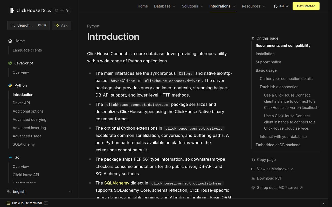 Screenshot of clickhouse-connect documentation