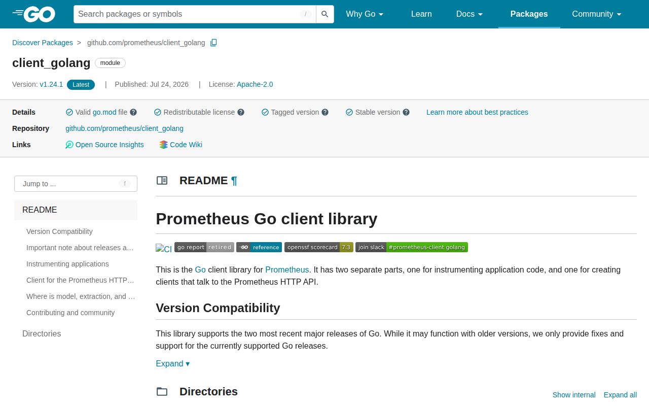 Screenshot of client_golang (pkg.go.dev/github.com/prometheus/client_golang)