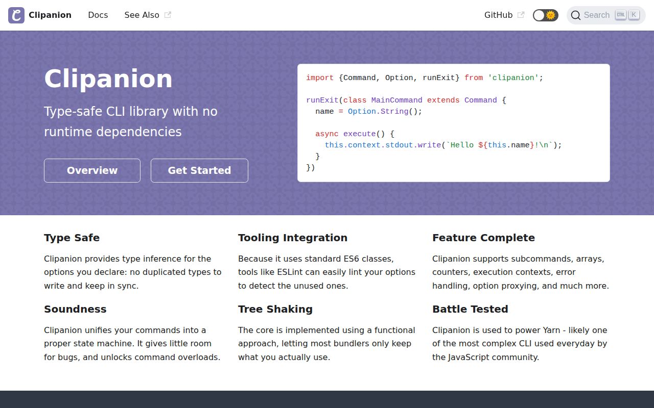 Screenshot of clipanion documentation