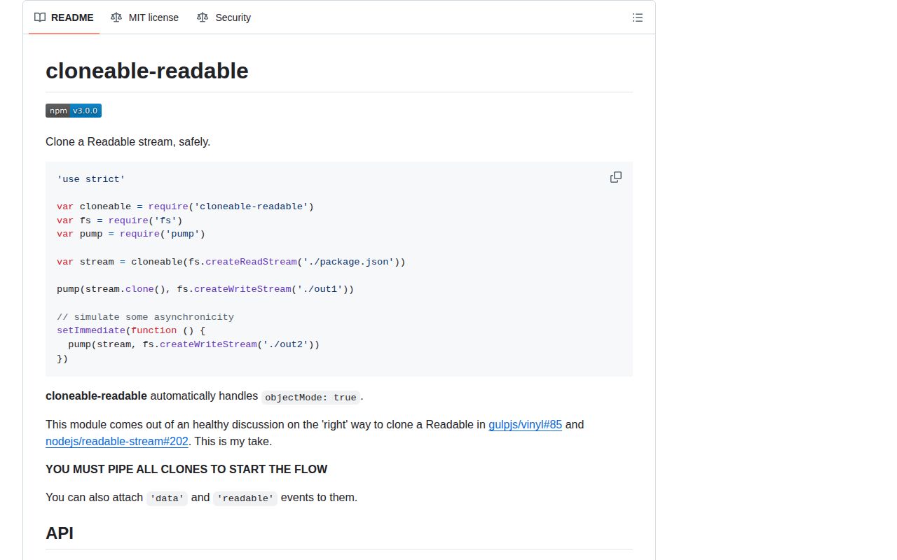 Screenshot of cloneable-readable documentation