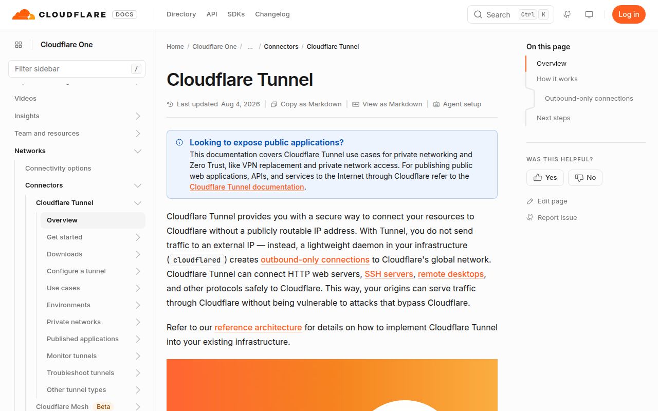 Screenshot of cloudflared (developers.cloudflare.com/cloudflare-one/networks/connectors/cloudflare-tunnel)