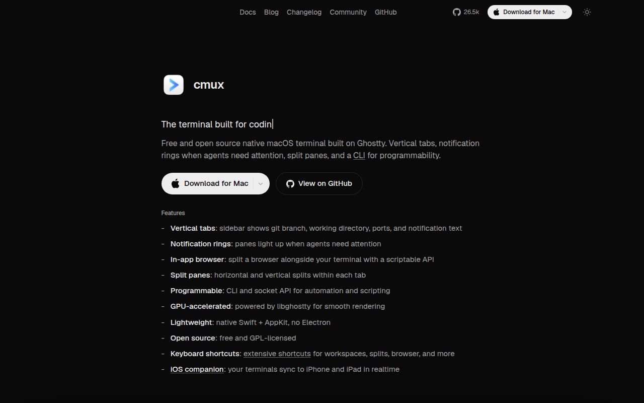 Screenshot of cmux (cmux.com)