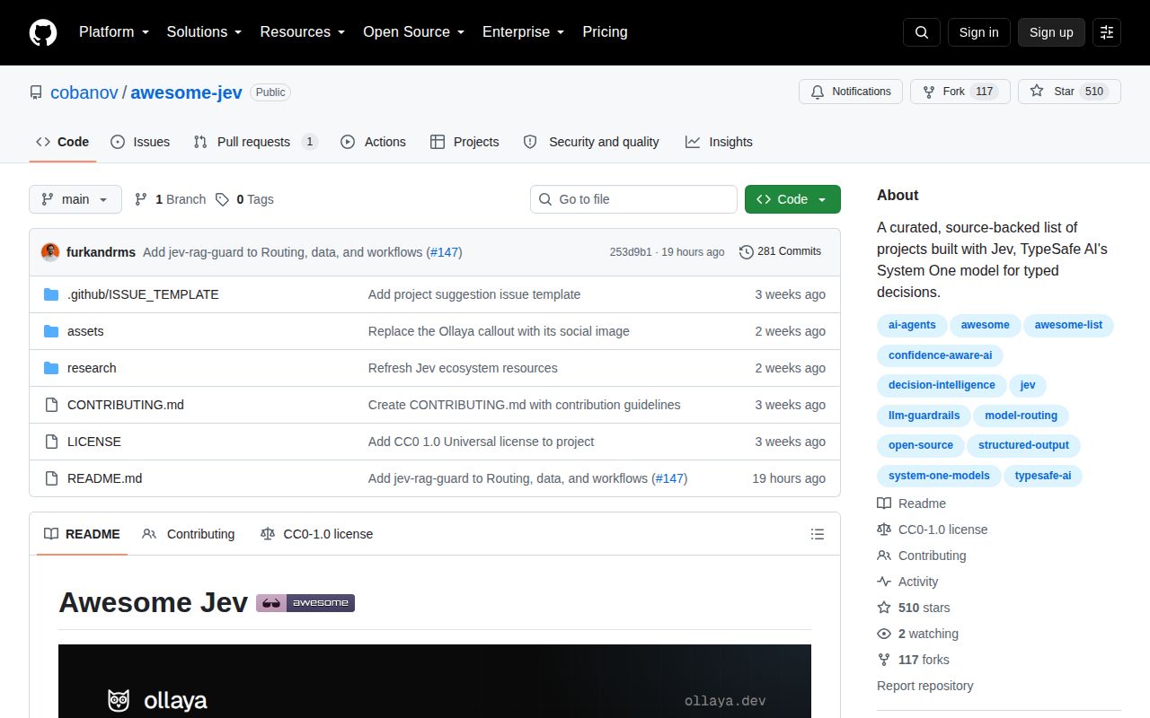 Screenshot of awesome-jev (github.com/cobanov/awesome-jev)