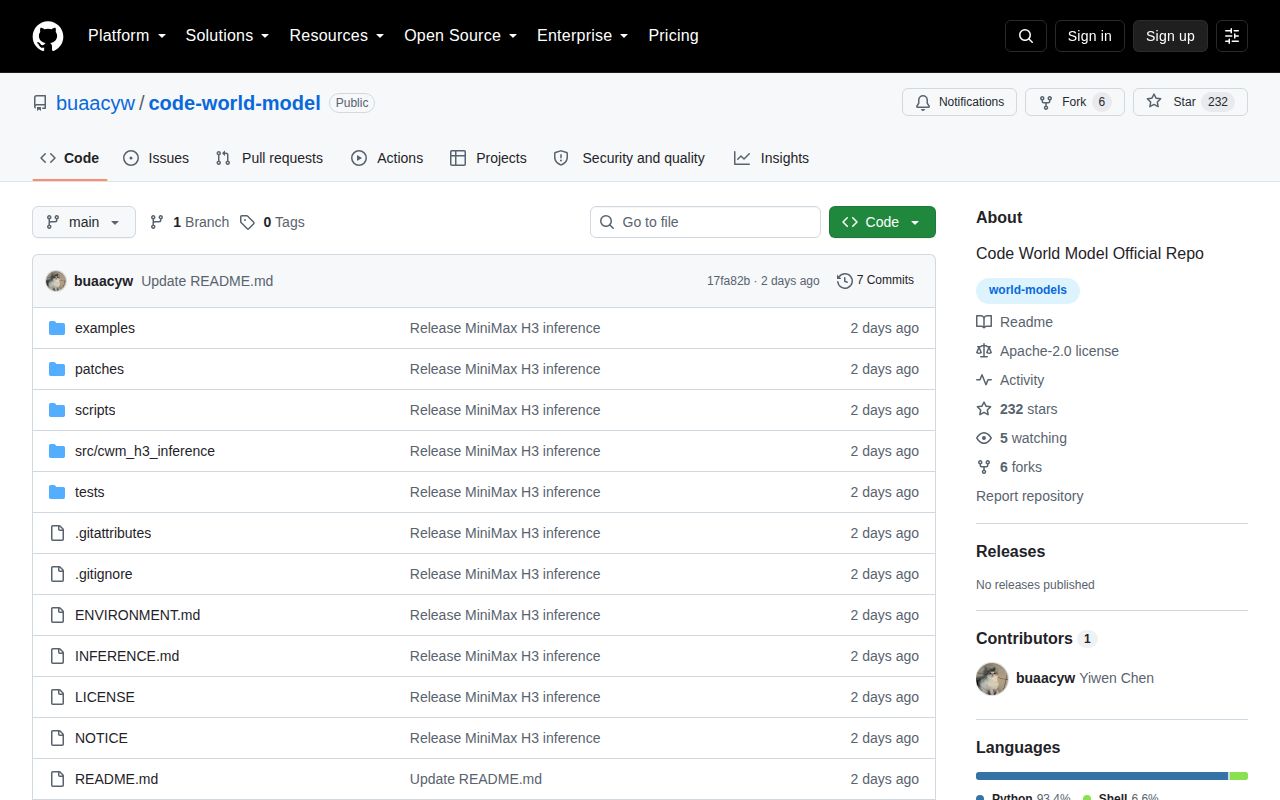 Screenshot of code-world-model (github.com/buaacyw/code-world-model)