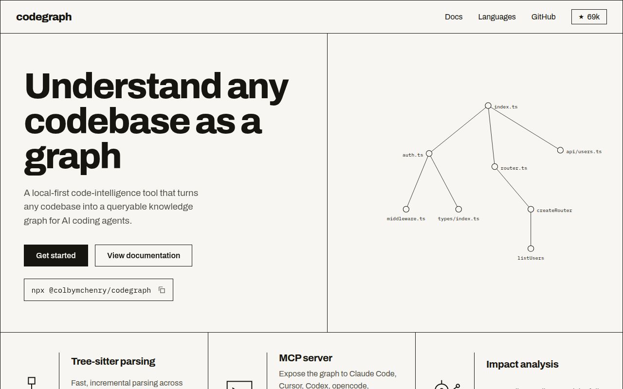 Screenshot of codegraph (colbymchenry.github.io/codegraph)