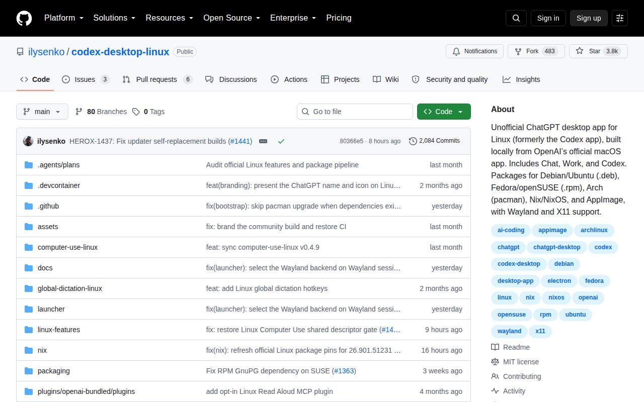 Screenshot of codex-desktop-linux (github.com/ilysenko/codex-desktop-linux)