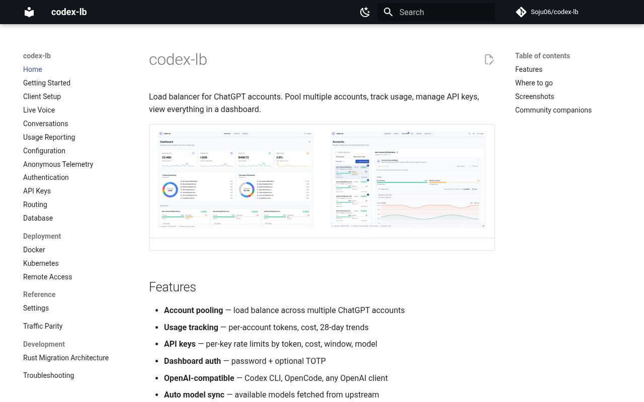 Screenshot of codex-lb (soju06.github.io/codex-lb)