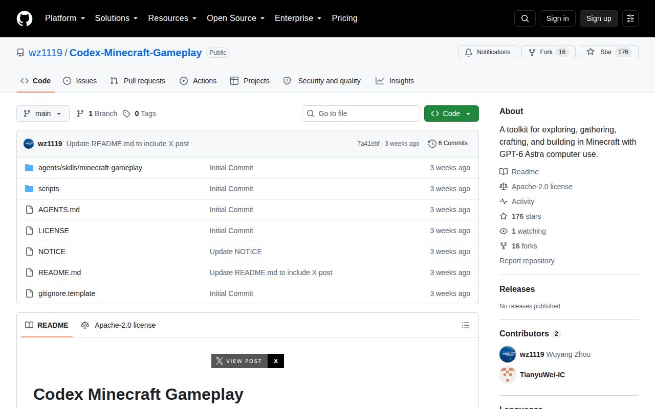 Screenshot of Codex-Minecraft-Gameplay (github.com/wz1119/Codex-Minecraft-Gameplay)