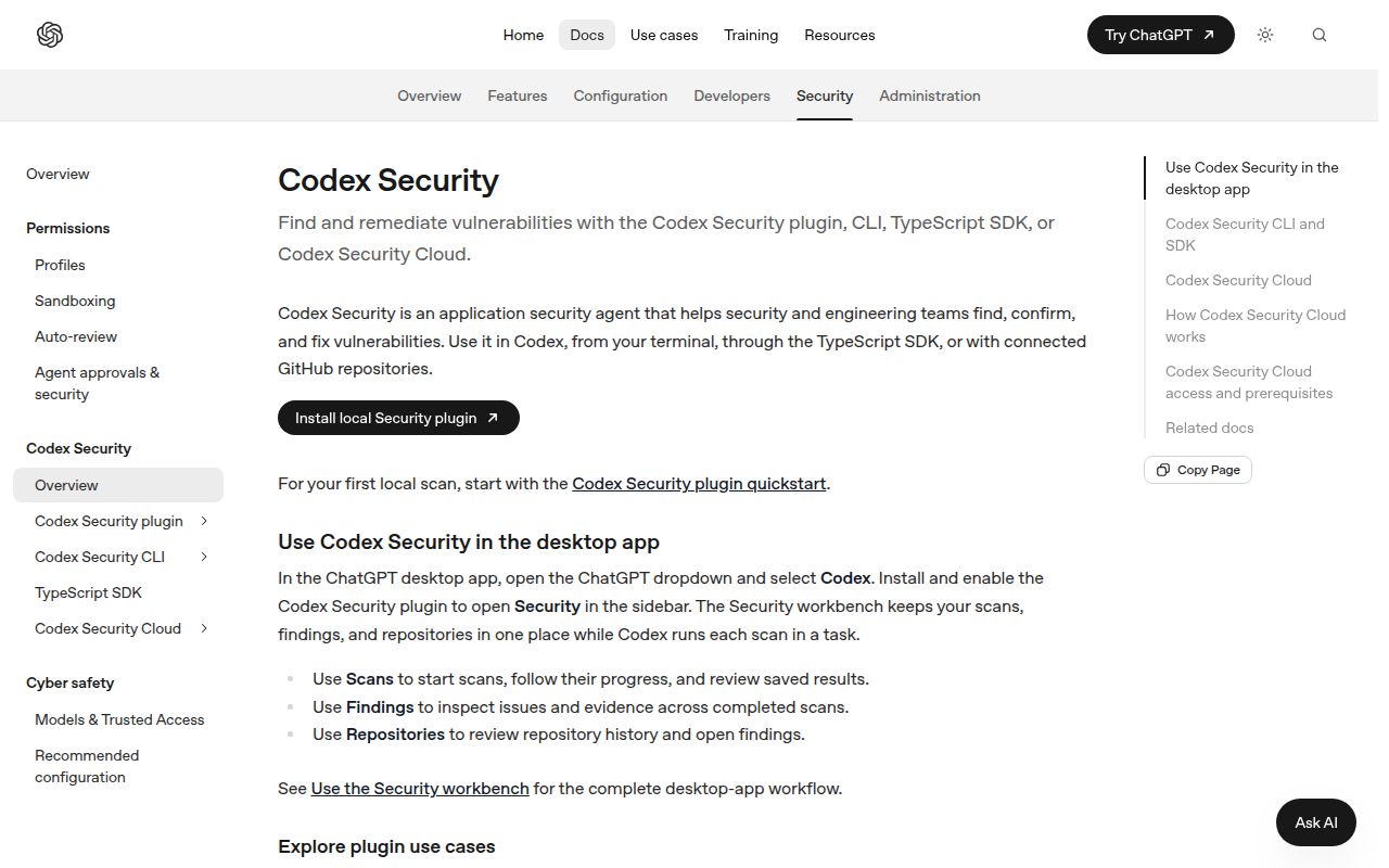 Screenshot of codex-security (developers.openai.com/codex/security)