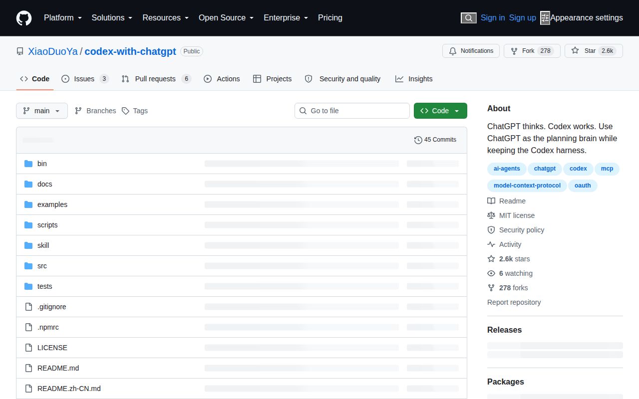 Screenshot of codex-with-chatgpt (github.com/XiaoDuoYa/codex-with-chatgpt)