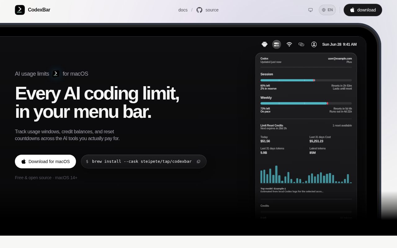 Screenshot of CodexBar (codex.bar)