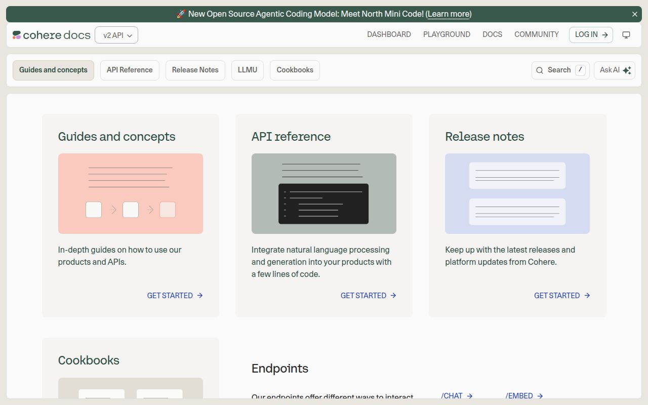 Screenshot of cohere documentation