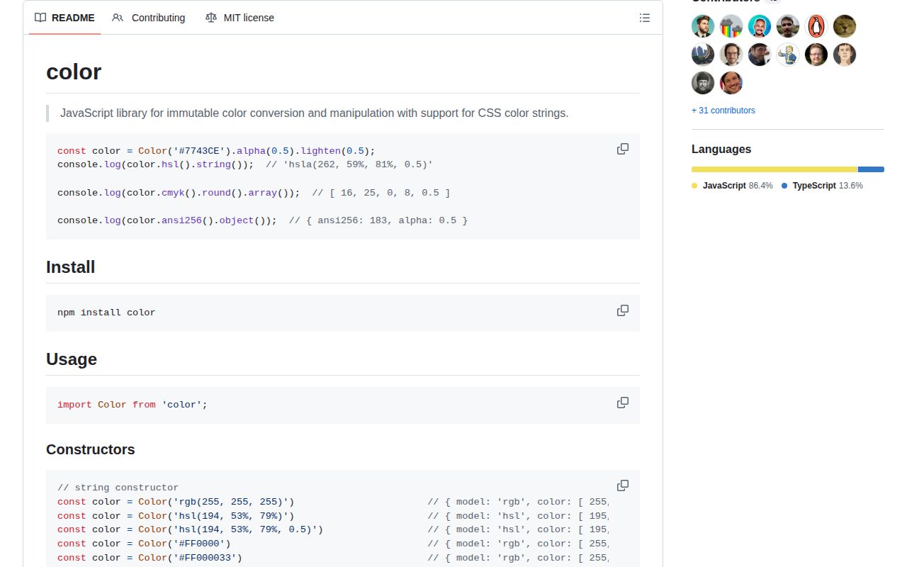 Screenshot of color documentation