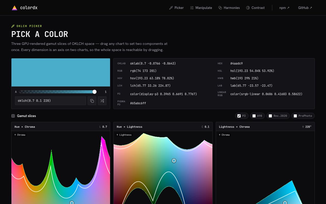 Screenshot of @colordx/core documentation