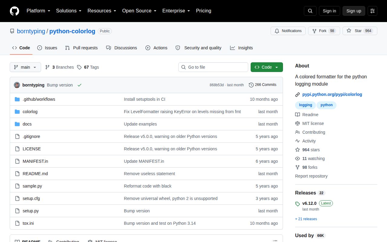 Screenshot of colorlog documentation