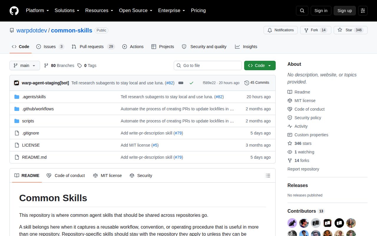Screenshot of common-skills (github.com/warpdotdev/common-skills)